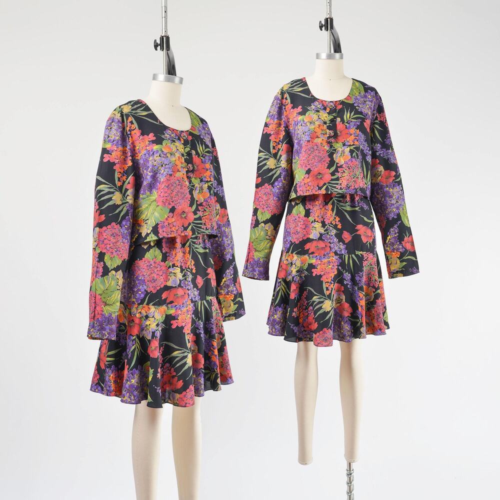 Vintage 80s Floral Skirt and Top Set Oversized Cropped Blouse Flutter Hem M